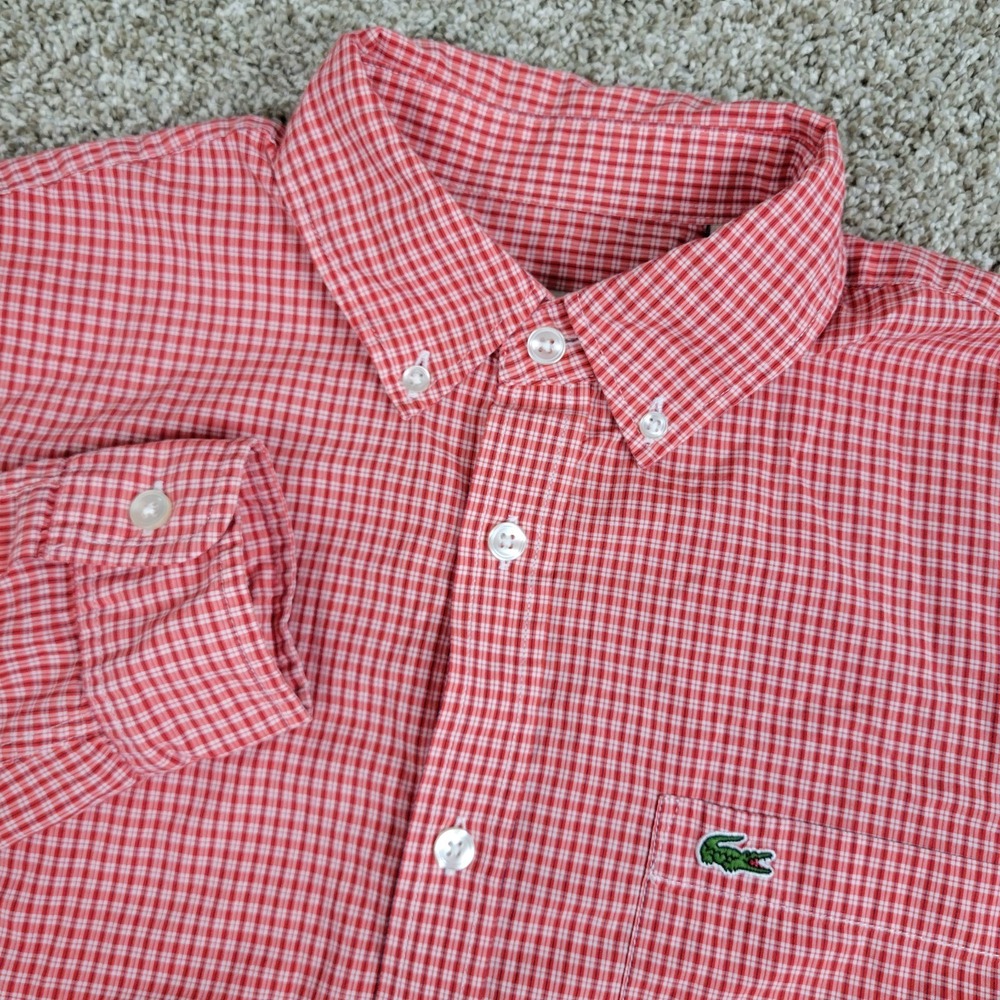 Lacoste Regular Fit Mens Small Red Plaid Button Down Long Sleeve